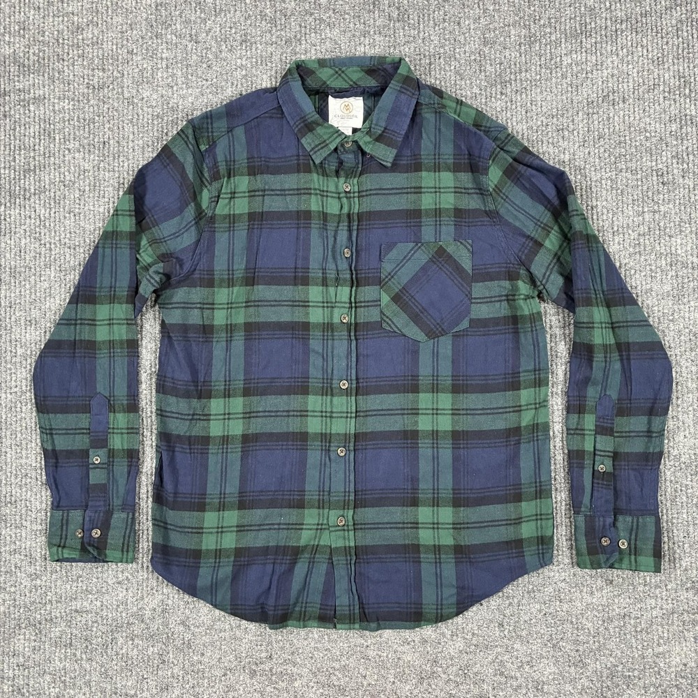 Cloudveil Shirt Mens Medium Blue Green Plaid Flannel Long Sleeve Button Up